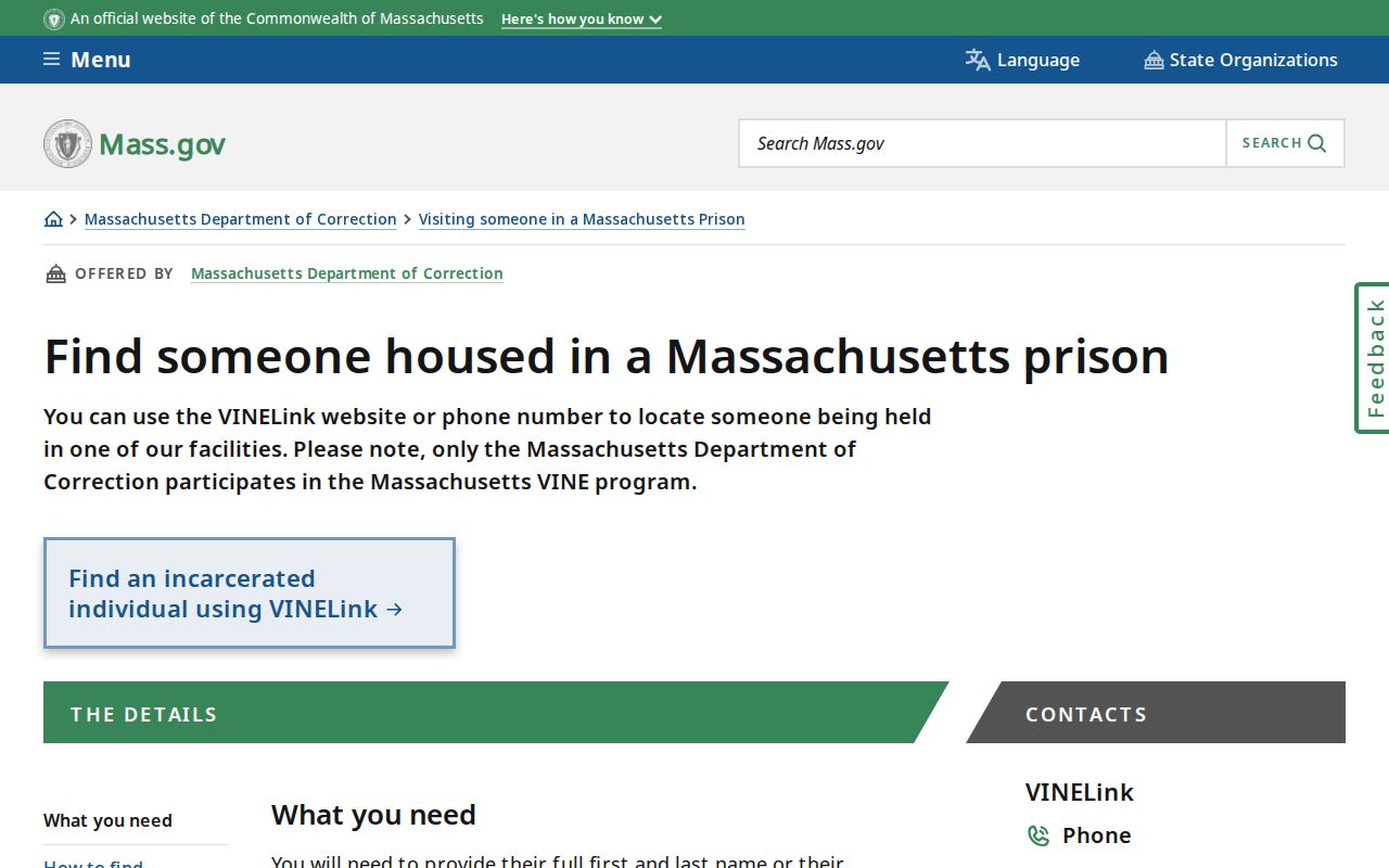 Massachusetts DOC locator route for Worcester County state inmates